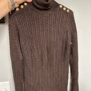 Holland Cooper Cable Knit Sweater with gold buttons.
